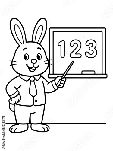 Rabbit Professor's Numbers Lesson: A cartoon rabbit, dressed in a smart suit, points with a pointer at a chalkboard displaying the numbers 1, 2, and 3, in a setting of fun learning.