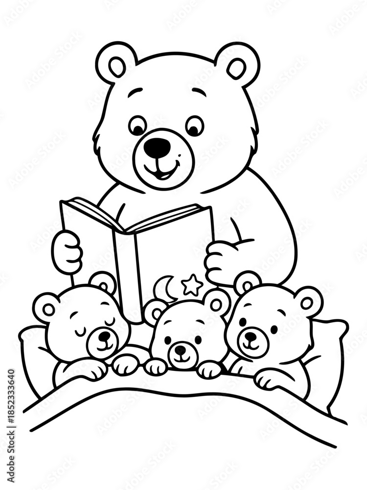 Fototapeta premium Nurturing Tale: A parent bear reads a bedtime story to its three cubs, creating a warm, loving moment that epitomizes family.