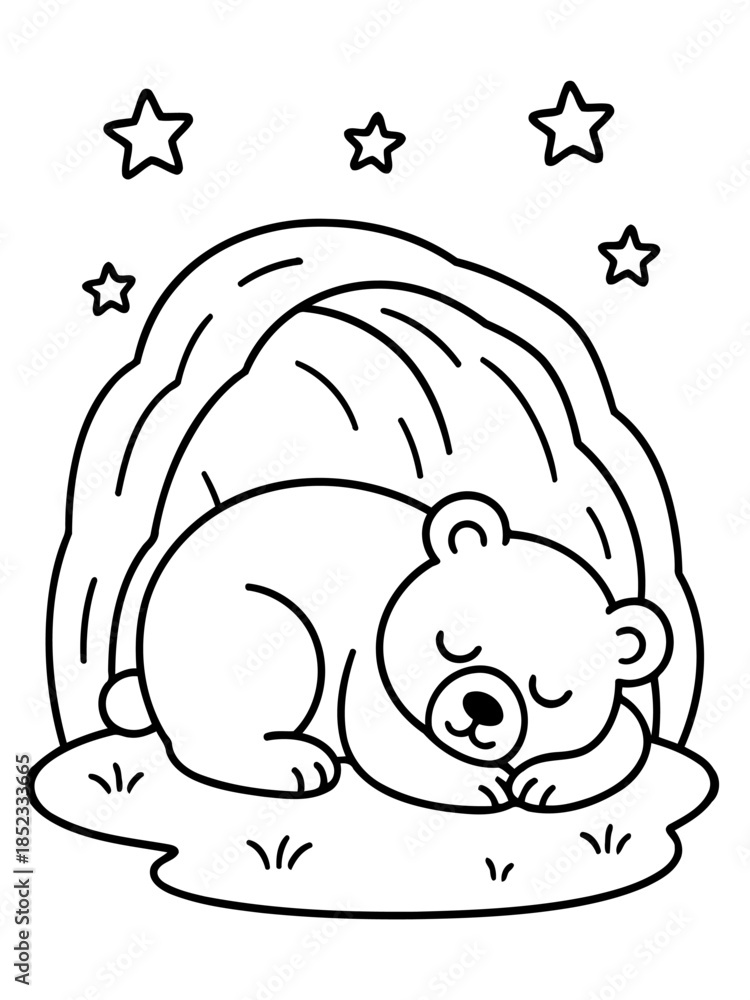 Fototapeta premium Dreamy Slumber: An adorable, resting bear drifts off to sleep, nestled in a cozy cave under a starry sky.
