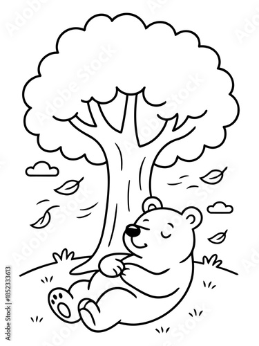 Tranquil Bear: A cute cartoon bear finds respite beneath a sheltering tree on a crisp, autumnal day, embodying serenity and the joy of nature.