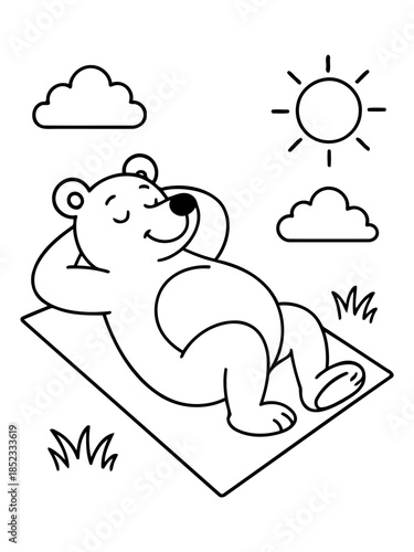 Relaxed Bear Enjoying Sunny Day: A cartoon bear, basking under a radiant sun, finds tranquility on a simple mat, evoking a sense of calm and leisure.