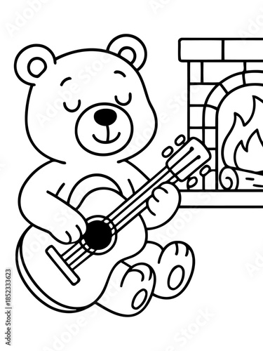 Cozy Bear's Serenade: A charming teddy bear sits peacefully by a warm fireplace, serenading the space with the gentle strumming of a guitar, embodying comfort and warmth.