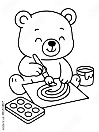 Teddy Bear Artist: A cute, cuddly teddy bear is engrossed in his artistic endeavor, painting a rainbow on a piece of paper. With a brush in hand and a palette nearby.
