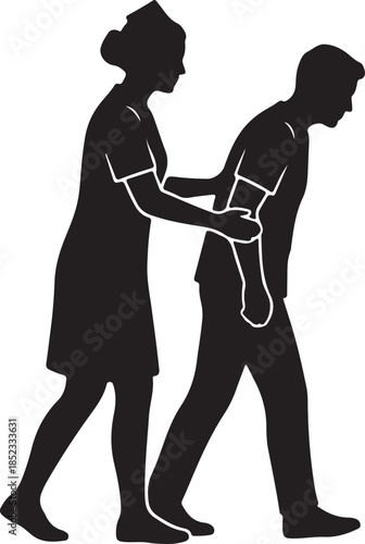 Nurse Assisting Patient Walk Vector Silhouette