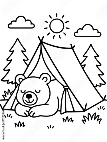 Camping Bear's Respite: A cartoon depiction of a contented bear cozily nestled inside a camping tent, basking under the warmth of the sun, and the fresh air.