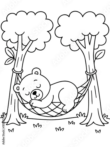 Cute Bear's Nap: A charming illustration depicts a cozy bear peacefully napping in a hammock strung between two trees, surrounded by gentle grass. 