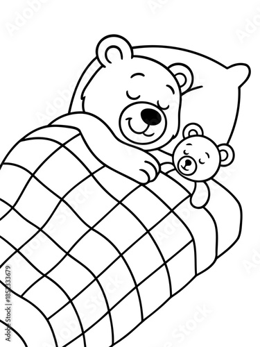 Sleepy Bears: A heartwarming illustration of a cozy slumber, a charming bear and its small companion peacefully asleep beneath a soft quilt, cradled on a plump pillow.