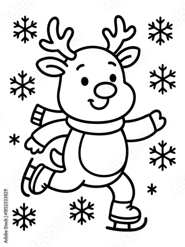 Winter Wonder: A delightful cartoon deer with whimsical antlers glides gracefully on ice skates amidst a flurry of snowflakes, evoking the pure joy and magic of the winter season.