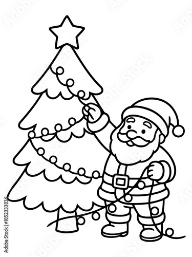 Festive Preparations: A jolly character busily decorates a Christmas tree with twinkling lights.
