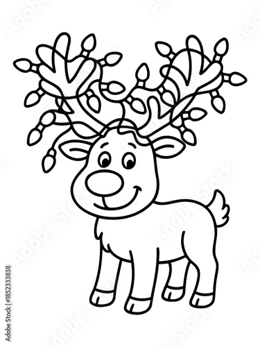 Festive Reindeer in Festive: A jovial reindeer, adorned with twinkling lights on its antlers, spreads holiday cheer with a heartwarming smile, celebrating the magic of Christmas.