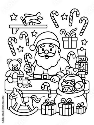 Christmas Wonderland Illustration: A whimsical illustration showcases the jolly figure of Santa Claus amidst a trove of holiday treasures, including candy canes, toys, and wrapped presents.