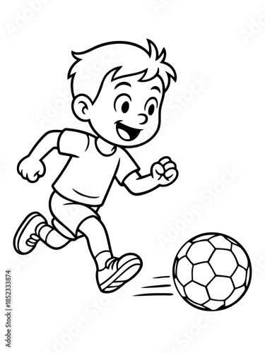 Energetic Play: An enthusiastic boy kicking a soccer ball, embodies the spirit of youthful sport and physical activity, creating a vibrant feeling of fun and exercise.