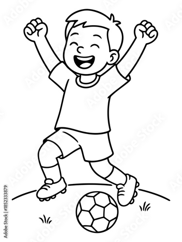 Soccer Triumph: A triumphant boy celebrates a goal, leaping with arms raised in jubilation, a soccer ball at his feet. 