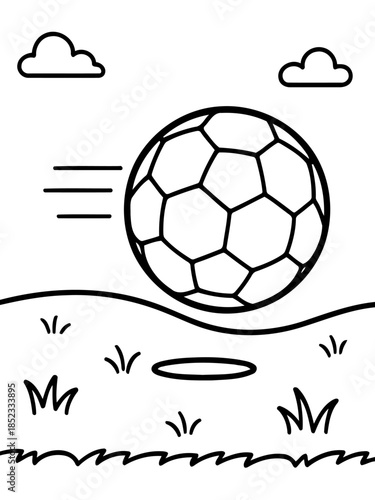 Soccer ball in motion: A dynamic illustration captures the essence of sports, depicting a soccer ball in flight above a grassy field, inviting viewers to engage in the game.