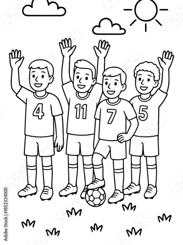 Soccer Team illustration : Group of cheerful soccer players stand together. They celebrate success together in joyful moment, captured with a hand-drawn illustration style. 