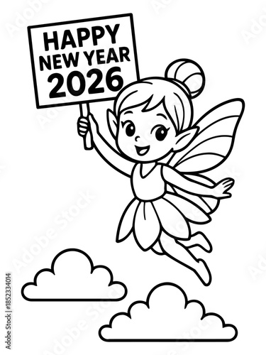 Happy New Year 2026: A cartoon fairy joyfully announces the upcoming year, soaring through the sky with a sign bearing a festive message. 