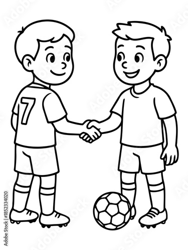 Friendly Match: Two young athletes seal their sportsmanship in a heartfelt handshake, a soccer ball resting between them as a symbol of unity.