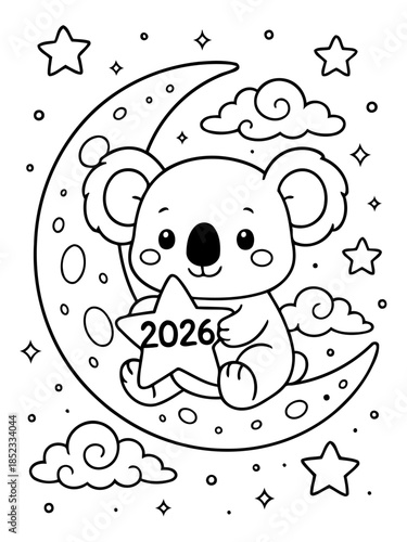 Koala on the Moon: A cute koala, clutching a star with the year, sits on the crescent moon, surrounded by stars and clouds. This design evokes the magic of night and celestial dreams.
