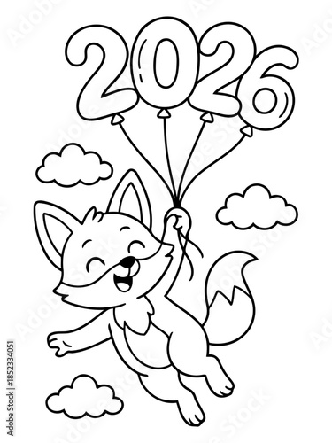 Fox's Flight to 2026: A charming illustration depicts a whimsical fox soaring through the sky, clutching balloons that form the year 2026, surrounded by fluffy clouds.
