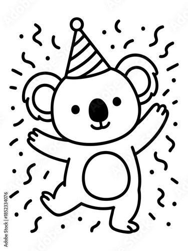 Koala's Joyful Celebration: An endearing koala with a party hat joyfully dances amidst a flurry of festive confetti, spreading a sense of cheer and merriment. 