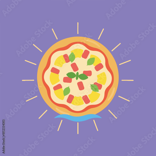 An illustrative image features a colorful pizza with pineapple, tomato, and basil toppings, radiating warmth on a purple background.