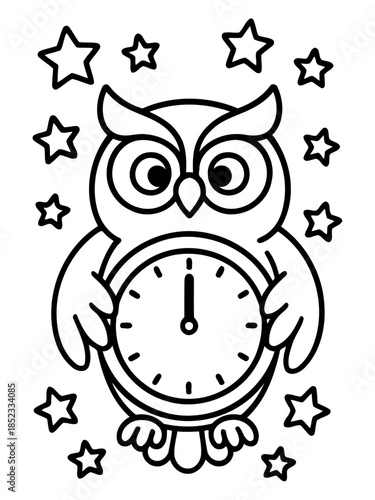 Night Owl Countdown: A charming cartoon owl, clutching a clock face that marks the midnight hour, is framed by a constellation of stars. A whimsical scene symbolizing time, nocturnal life.