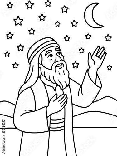 Contemplative Observer of Night Sky: A serene figure, clad in traditional attire, gazes upwards, hand raised in reverence towards the night sky. Witnessing the magic of the moon and stars.