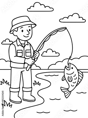 Angler's Prize: A fisherman, poised in silhouette, proudly displays a freshly caught fish with a picturesque backdrop of nature, capturing the essence of a serene outdoor pursuit.