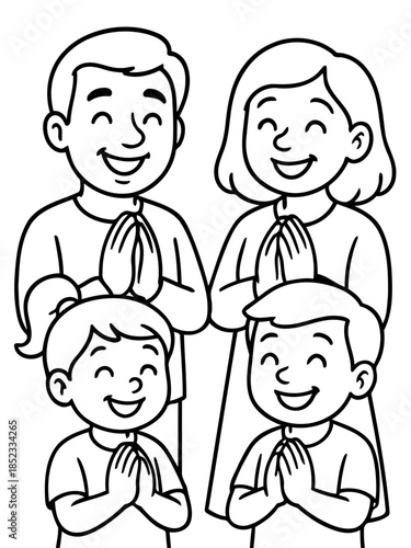 Family Gathering: An illustration shows a happy family of four, parents and their children, with hands clasped together, suggesting unity and peace. They are all smiling.