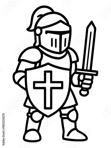 Knightly Protector: A stoic knight, clad in shining armor and wielding a gleaming sword, stands ready to defend, his shield emblazoned with a cross, a symbol of faith and valor.
