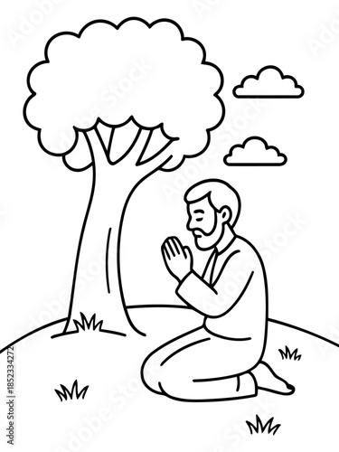 Meditation under Tree: A solitary figure, kneeling in peaceful prayer, finds solace beneath the shade of a flourishing tree, surrounded by the gentle embrace of nature and sky.