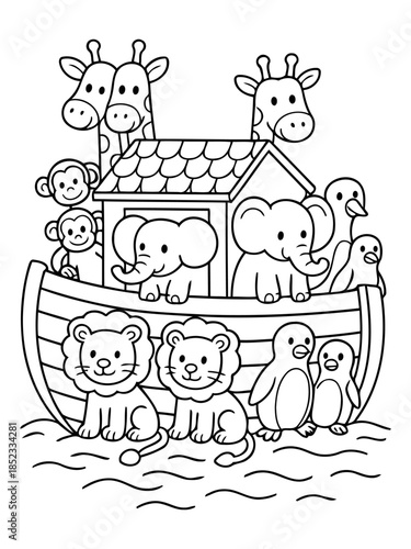 Noah's Ark: A black-and-white illustration of Noah's Ark, showcasing a collection of animals traveling together, filled with animals like giraffe, monkey, elephant, lion and more.
