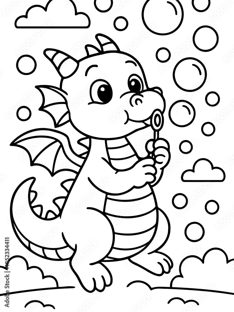 Obraz premium Dragon Bubbles Adventure: A whimsical illustration of a friendly dragon, joyfully blowing bubbles into the air, creating a magical scene full of fantasy.