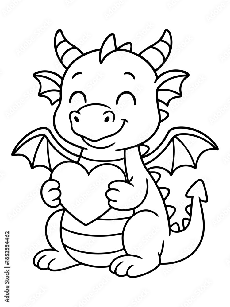 Fototapeta premium Cute Dragon and Heart: A friendly and adorable dragon holds a heart, perfect for expressing love and affection, with charming illustrations and a touch of fantasy.