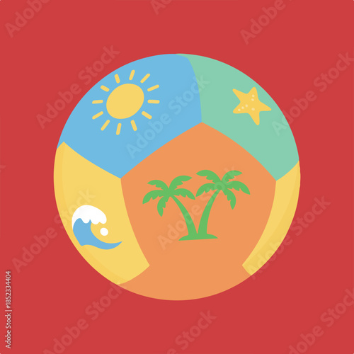 A vibrant circular graphic showcases summer and beach themes including the sun, a starfish, ocean waves, and palm trees, on a red background.