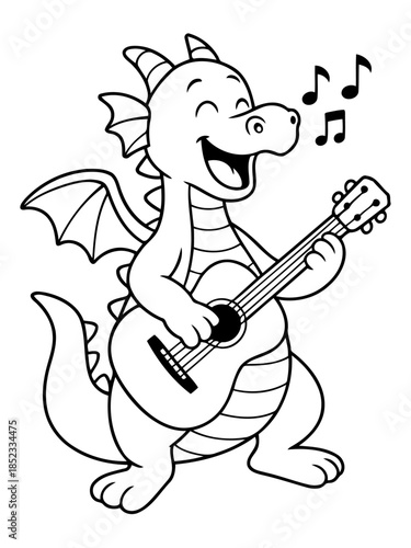 Melodic Dragon's Serenade: A cheerful dragon strums a guitar, filling the air with whimsical music notes, a delightful scene perfect for children's stories. 