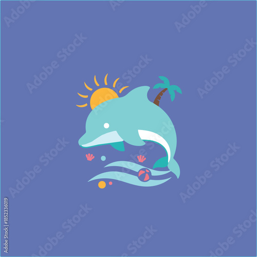 A cheerful, flat-design illustration of a blue dolphin swimming with a sun, palm tree, waves, and seashells on a periwinkle background.