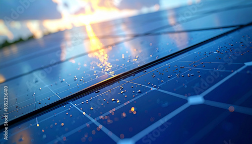 Solar Energy Innovation: A close-up view of a solar panel array with droplets, capturing the essence of renewable energy and a sustainable future. 
