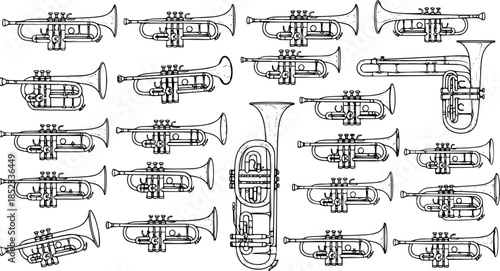 Musical Instruments Black and White Line Art Set - Hand-Drawn Sketch Collection of Brass Trumpets, Tuba, and Horns for Music and Orchestra Themes.