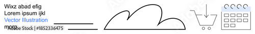 Digital marketing, ecommerce, scheduling, cloud services, online shopping, time management. Minimalist line drawings of a cloud, shopping cart and calendar. Digital marketing and ecommerce focus