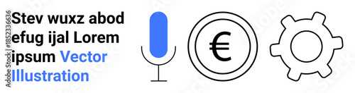 Communication, finance, automation, digital solutions, monetary systems, mechanics. Minimalist icons of a microphone, euro symbol and gear. Communication and finance conceptual design