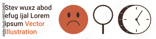 Mental health, time management, analysis, focus, emotion expression, productivity. Sad face, magnifying glass and clock displayed side by side. Mental health and time management visual concepts