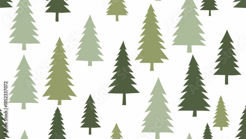 A digital illustration of various sized green pine trees on a white background in different shades and styles.