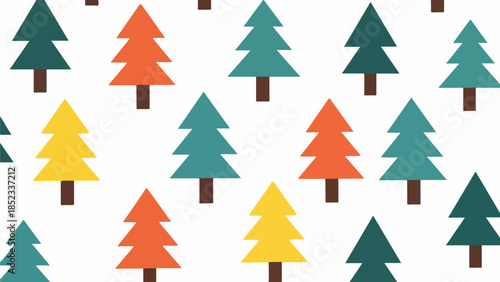 Colorful flat illustration of multiple green, orange and yellow Christmas trees on brown trunks against a white background.