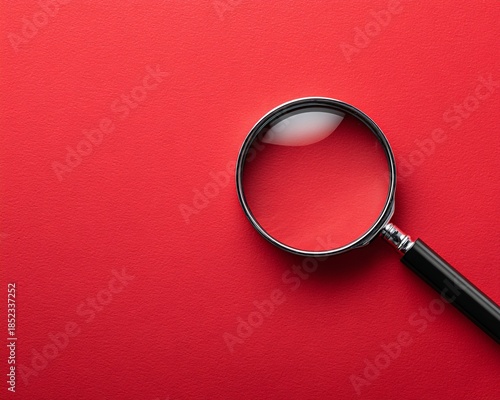Magnifying Glass on Textured Red Background with Reflection for Investigation Research and Exploration Concept Flat Lay Still Life