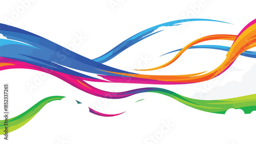 Vibrant, multicolored wavy lines in shades of blue, pink, orange, green, and purple against a white background.