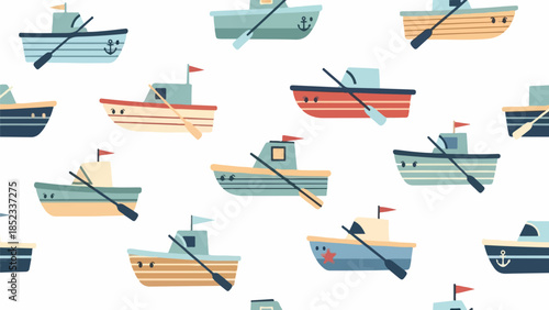 Colorful illustration of multiple small boats with oars on a white background in a lively and playful composition.