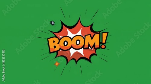 Minimalist vector style explosion animation with playful boom text on green background cartoon motion design