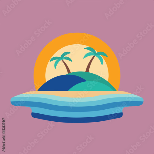 A vibrant, flat-style illustration depicting a tropical island scene with palm trees, a large sun, and blue ocean layers against a mauve backdrop.