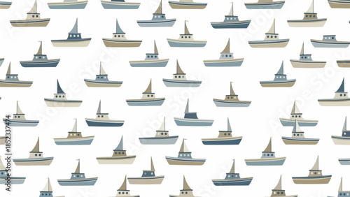 Seamless pattern of various sailboats in shades of blue and beige on a white background with a nautical theme.